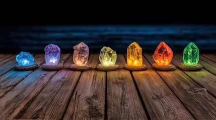 Glowing Colorful Crystals on Wooden Surface against Dark Background
