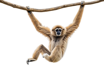 Naklejka premium Young gibbon hanging from branch by long arms with legs dangling below, isolated on a transparent background