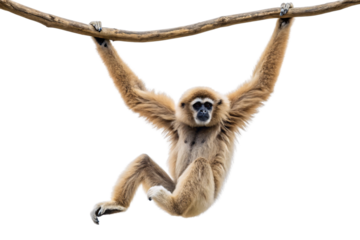 Young gibbon hanging from branch by long arms with legs dangling below, isolated on a transparent background
