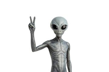 Gray alien figure making peace sign, isolated on a transparent background