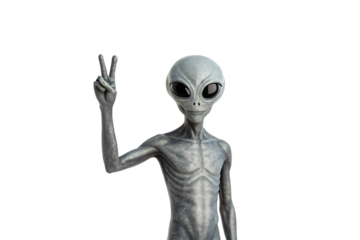 Gray alien figure making peace sign, isolated on a transparent background
