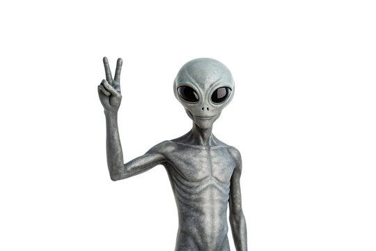Gray alien figure making peace sign, isolated on a transparent background