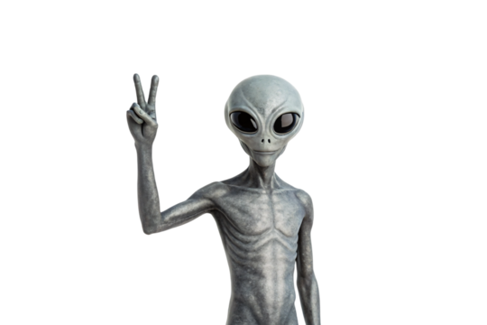 Gray alien figure making peace sign, isolated on a transparent background - Powered by Adobe
