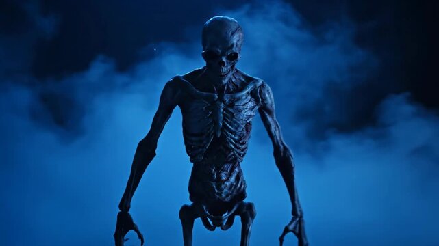 Creepy monster skeleton in blue mist appearing and staring. Horror creature animation for Halloween or scary concept.