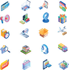 Isometric E-commerce and Online Shopping Icon Set: Retail, Delivery, Marketing, and Payment