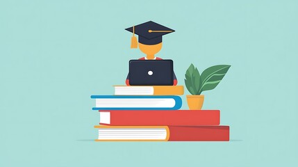 A graduate student wearing a graduation cap sits with a laptop on a stack of books, symbolizing online learning and academic achievement
