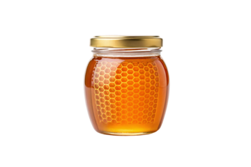 Glass jar filled with golden honey featuring hexagonal honeycomb pattern visible through transparent sides, isolated on a transparent background