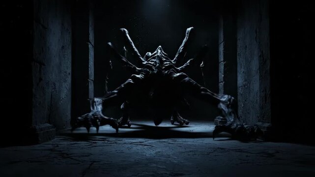 Horrific dark creature with multiple limbs emerges from smoky shadow, transforming into a spider-like monster, horror animation.