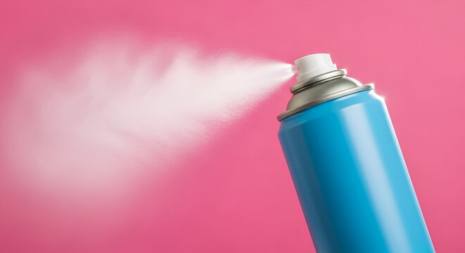 Dynamic Blue Aerosol Spray Can Releasing Fine Mist Against Vibrant Pink Background
