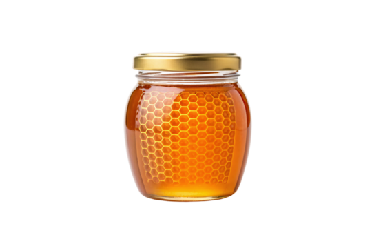 Glass jar filled with golden honey featuring hexagonal honeycomb pattern visible through transparent sides, isolated on a transparent background
