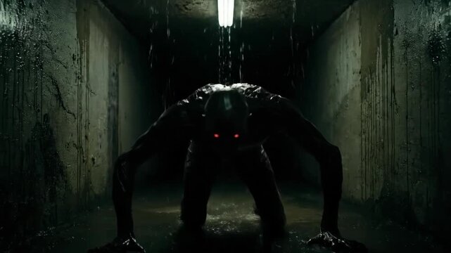 Horrific monster with glowing red eyes crawling through a dark and wet underground tunnel, scary creature moving in a creepy urban environment footage.