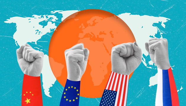 Global power struggle represented by raised fists symbolizing China, Europe, USA, and Russia against a backdrop of the world map and an orange globe