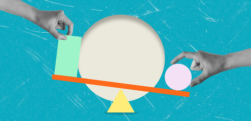 Art collage, Hands balancing shapes on a seesaw against a turquoise background during a design workshop activity