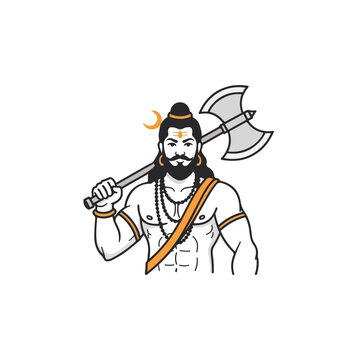 Illustration of Parashurama holding axe on white backdrop for cultural designs. Parashurama, incarnation of Vishnu, holding parashu with shoulder beads is a symbol of Indian culture.