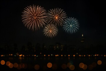 Colorful Fireworks over City Skyline at Night