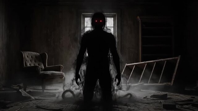 Shadow man monster with glowing red eyes materializing from smoke in a haunted house. Horror and nightmare concept.