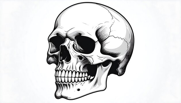 A detailed monochrome illustration of a human skull. The image is rendered with shading and fine lines for a realistic effect