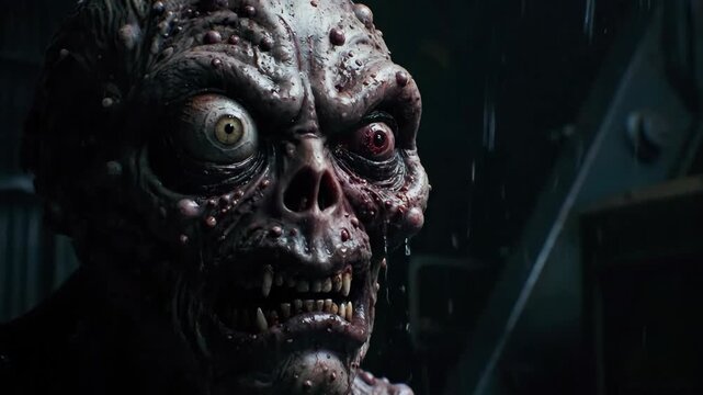 Horrific grotesque monster with bared fangs covered in warts and blood, cinematic horror creature concept for Halloween, footage