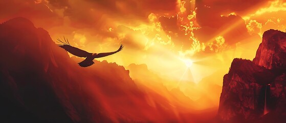 Soaring eagle silhouette gliding over rugged mountain peaks at vibrant sunset
