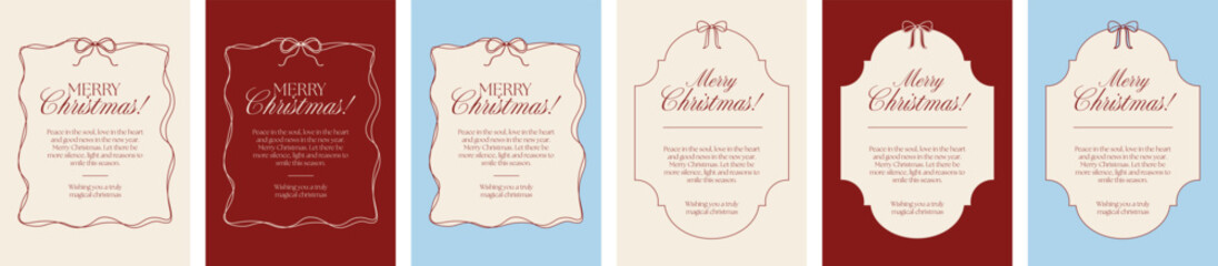 Minimalist Christmas card collection in beige, red, and light blue tones with elegant framed and festive typography. Templates ideas for cards, invitations, or posters