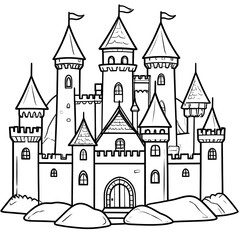 Fototapeta premium A detailed outline illustration of a fairytale fortress with multiple towers, flags, a large gate, and rocks at its base. It's perfect for coloring