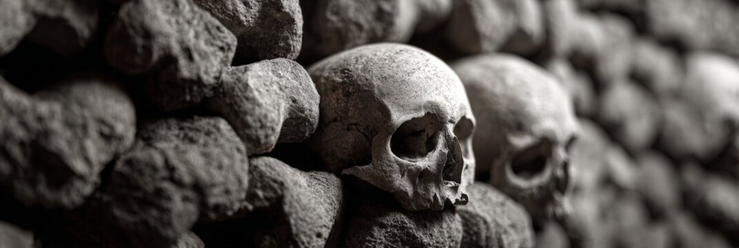 Human skull resting on a pile of femurs and other bones, forming part of an ossuary wall, creating a somber and historical ambiance, symbolizing mortality and the vastness of human history