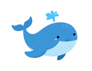 Obraz premium Cartoonish, blue cetacean smiling, spouting water, isolated on white