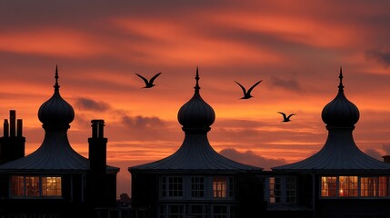 Dusk Over City Skyline With Dome Roofs And Migrating Birds In Flight