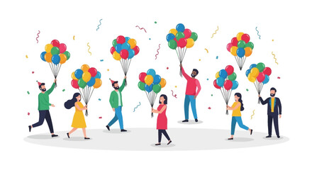 A group of happy people celebrating with colorful balloons and confetti, creating a festive and joyful atmosphere
