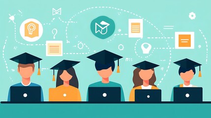 Online education and graduation concept with students wearing graduation caps and using laptops elearning and digital courses for students
