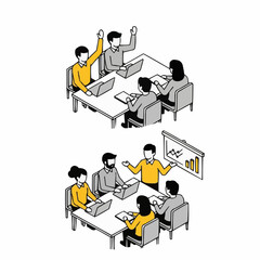 Isometric business meeting illustrations with team discussion and presentation, minimal vector corporate concept