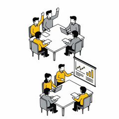 Isometric business meeting illustrations with team discussion and presentation, minimal vector corporate concept