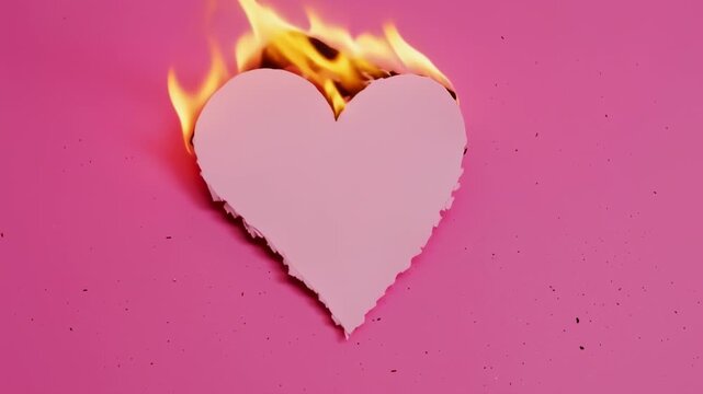 A pink heart on a pink surface, flames engulfing one side; a metaphor of burning affection