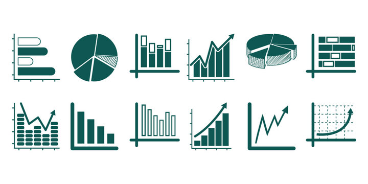 Collection of diverse business and financial chart icons on a white background