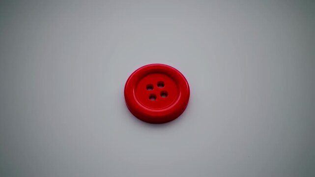 A single red button with four holes, centered on a smooth, neutral gray background