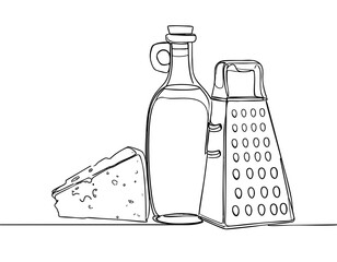 Minimalist line drawing of olive oil bottle alongside a classic box cheese grater and cheese