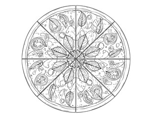 Clean line art of a round pizza topped with tomato slices, olives, and basil leaves