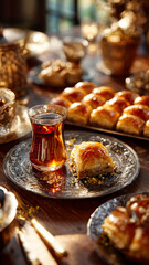 a glass of hot tea in a traditional cup beside a beautifully arranged plate of baklava, warm golden cinematic lighting, soft sunlight reflections on the table