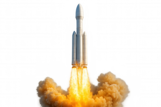 Heavy launch vehicle taking off, boosting into space, sending satellite rocket with fire and smoke on transparent background