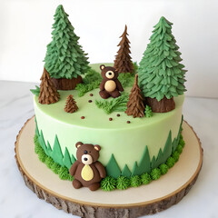 A whimsical forest-themed cake decorated with edible pine trees