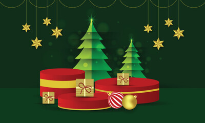 Red and Gold round product podium 3D background with empty space. Studio wall scene. Minimalist Vector mockup pedestal design