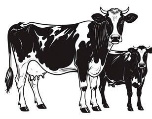 Fototapeta premium Black and white illustration of a cow and a calf, in a farm setting
