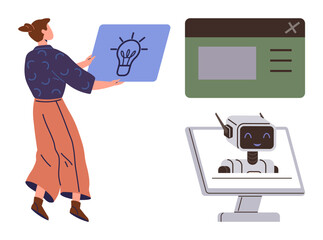 Woman holding lightbulb drawing, exploring creative ideas, AI robot displayed on computer monitor, and webpage concept. Ideal for innovation, technology, brainstorming, education, digital marketing