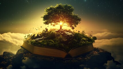 An open book with a tree growing on it, surrounded by clouds and stars, with a bright light shining through the branches