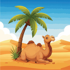 A single camel rests peacefully under a palm tree in the desert.