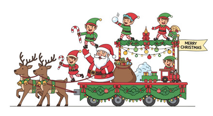 Merry Christmas Santa Claus and his Elves Parade on a Festive Decorated Float