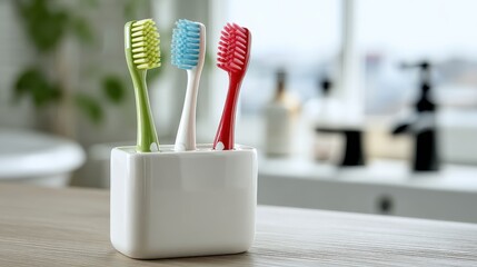 Three Colorful Toothbrushes in White Ceramic Holder on Bathroom