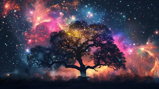 Mystical tree silhouette against a vibrant galaxy backdrop, ethereal and dreamy
