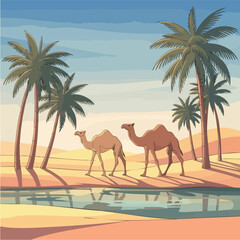 Two dromedary camels standing near a body of water.