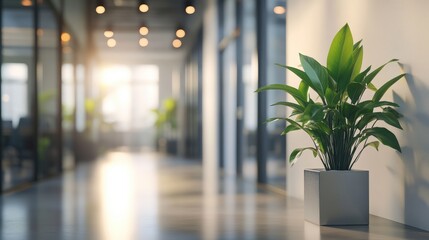 A modern office corridor featuring a potted plant, illuminated by warm light and surrounded by glass walls, creating a tranquil atmosphere.